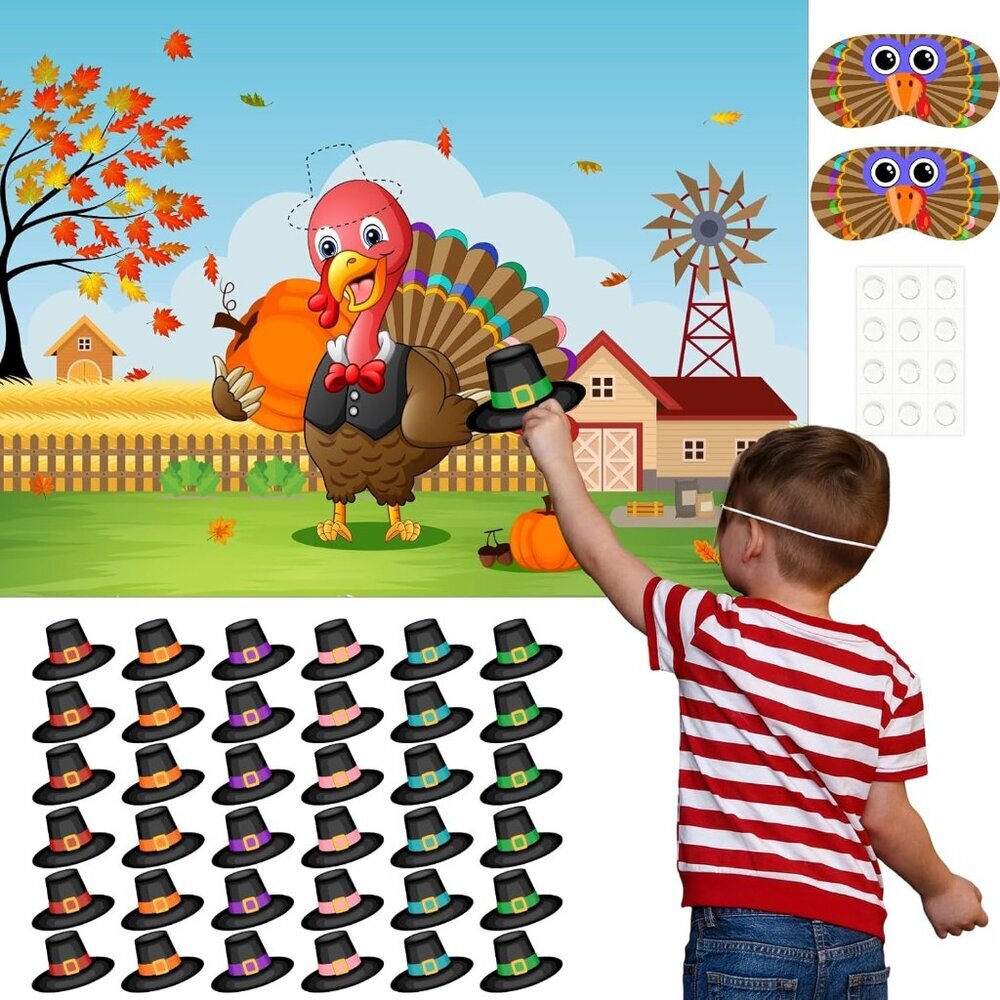 Pin The Hat on Turkey Thanksgiving Pin The Tail Party Games Activities for Kids
